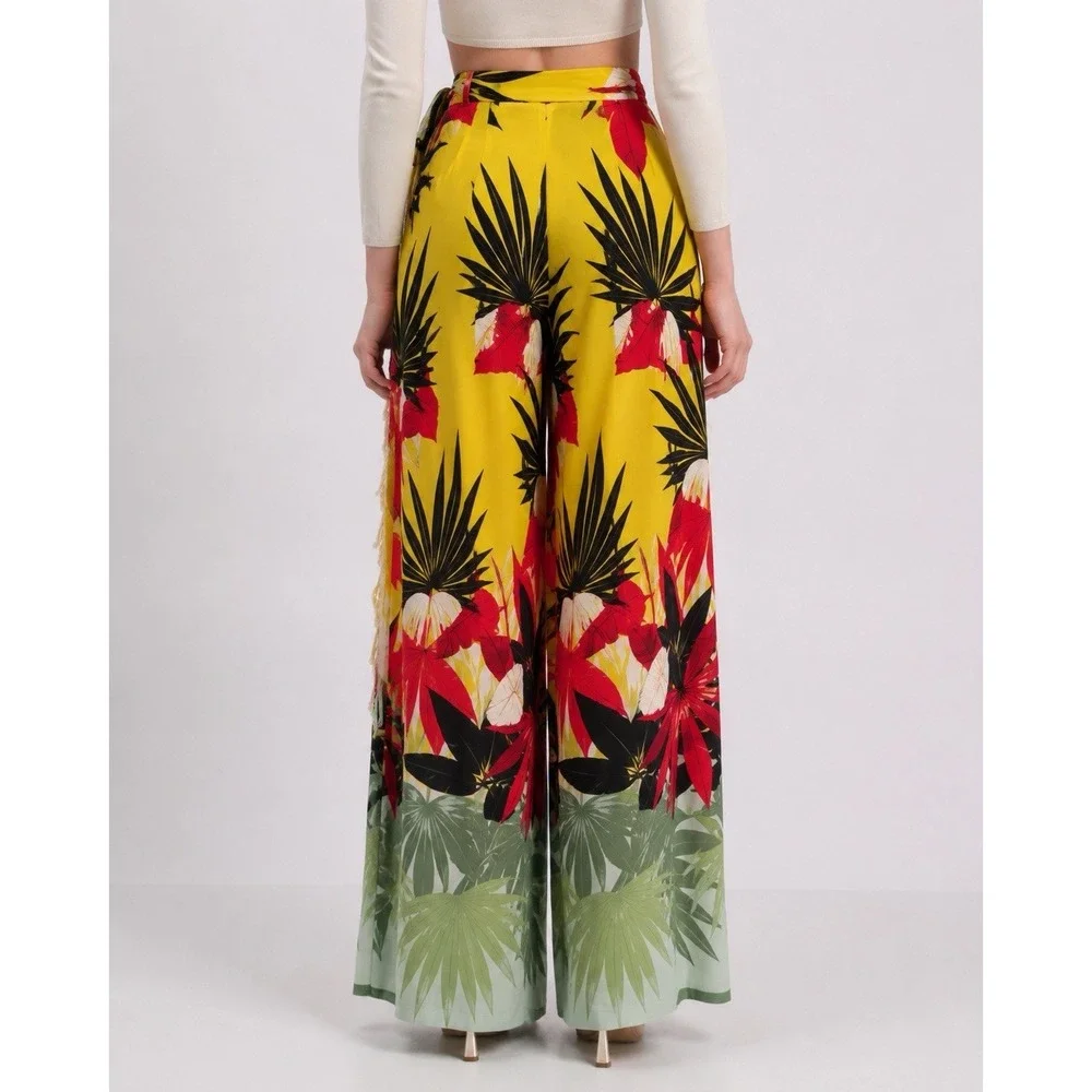 Beatrice B Silk Tropical Wide Leg Pants Women's M Yellow Floral Fringe Italy